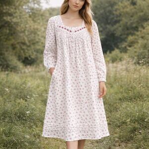 Eileen West Cotton Lace Trim Floral Prairie Cottagecore Nightgown Sleepwear Sz S